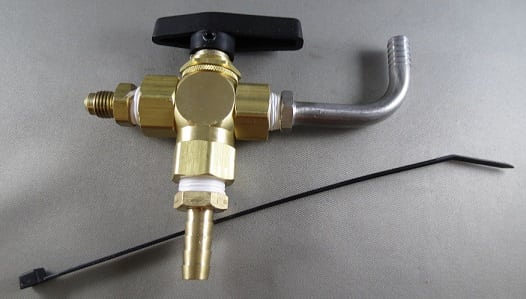 KIT,VALVE,3 WAY,CARBONATOR,3/8FP BOTTOM INLET W/3/8 BARB,(2)3/8FP OUTLETS W/3/8 BARB ELBOW & 1/4MF,BRASS